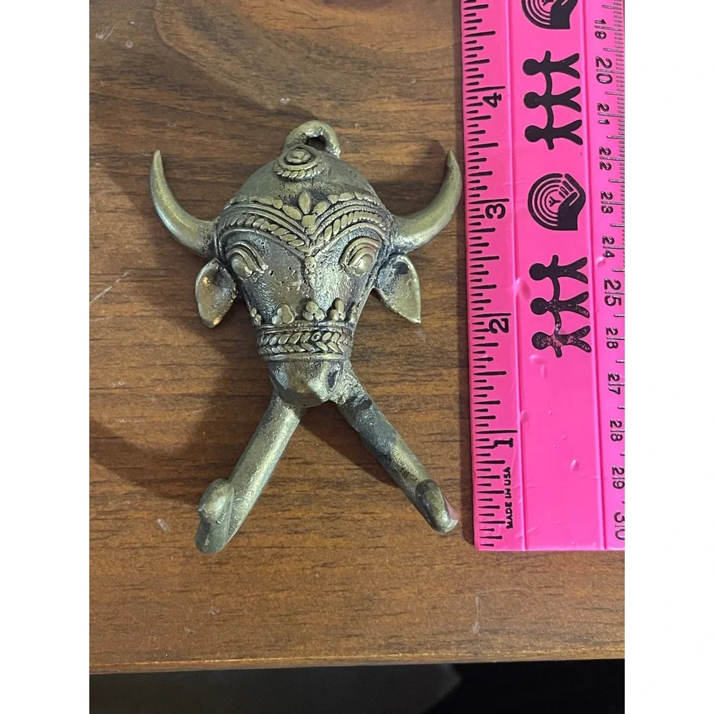 Vintage Brass Bull Head Wall Hook Double Hook Decorative Entryway Hanger 4 Inch